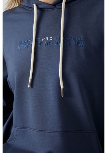 Tommy Life Petrol Kapüşonlu Kanguru Cep Oversize Lastik Paça Kadın Eşofman Takımı - 95288 Petrol