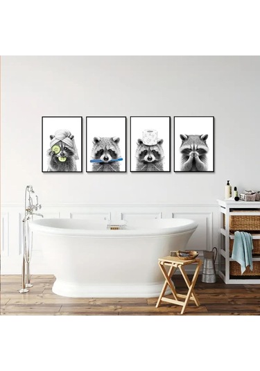 Xindoker Vahşi Hayvanlar Temalı Tuval Tablo Zürafa, Köpek, Fil, Tuvalet - Banyo Dekoru, Duvar Sanatı, 25x20 Cm, 4 Adet Paket Siyah