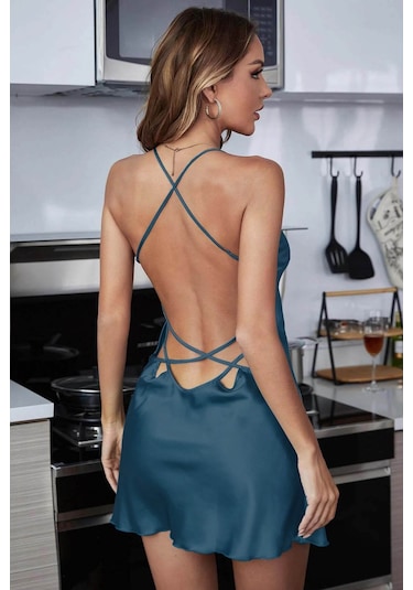 Merry See Sırt Dekolteli Dantel İşlemeli Saten Gecelik İç Giyim Mavi