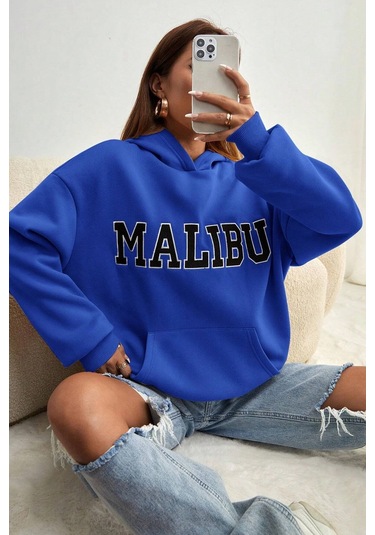Malıbu Baskılı Oversize Sweatshirt Mavi