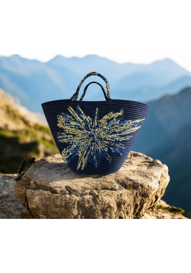 Hasır Çanta, Plaj Çantası, Tasarım Çanta, Lacivert Desenli El Çantası Lacivert