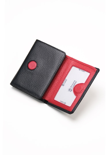 Ancora Leather Hakiki Deri Gizli Mıknatıslı Ünisex Cüzdan-46200 Siyah - Kırmızı