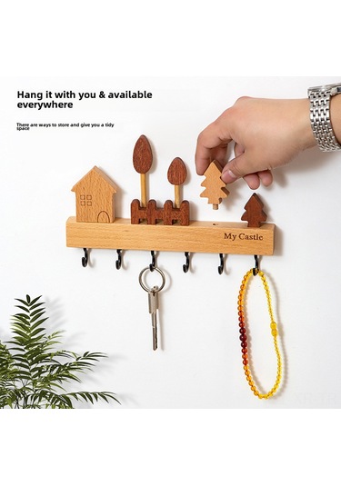 Xiyyadms Ahşap Anahtar Tutucu Duvar Tipi, 6 Kanca, Nordik Stili, Ahşap Malzeme, Delik Açmadan Kurulum, Giriş Kapısı Organizer, Bej Renk