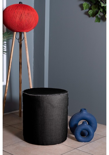 VALERİA SİYAH KETEN KUMAŞ YUVARLAK PUFF &BENCH&KOLTUK&TABURE&POFUDUKYATAK ODASI PUF MODELLERİ