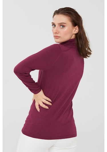 Desen Triko Kadın Likralı Uzun Kollu Basic Tam Balıkçı Bluz 20017 Mürdüm Mürdüm