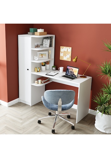 Roma Raflı Çalışma Masası , Çalışma Ofis Masası Sol Dolaplı Beyaz Mat Beyaz