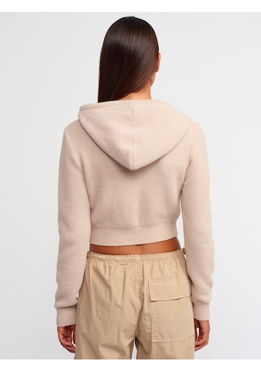 Dilvin Yumuşak Dokulu Kapşonlu Crop Kazak Bej