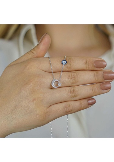 Modagümüşevi Minimal Ay Yıldız Nazar Tasarımlı 925 Ayar Gümüş Kadın Kolye