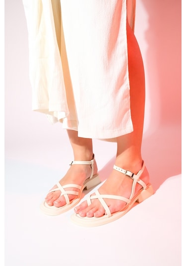 Luvishoes Antas Bej Hakiki Deri Kadın Parmak Arası Sandalet Bej