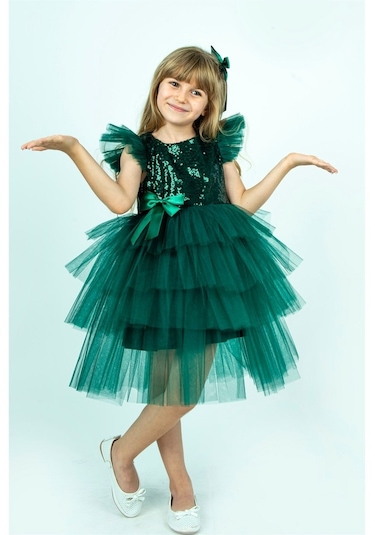 Yeşil Pullu Kız Çocuk Parti Elbisesi