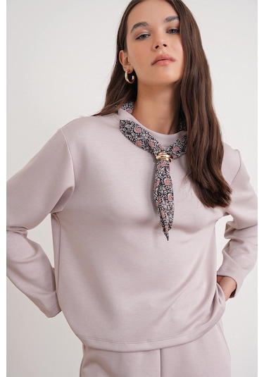 2026 Kadın Fular Detaylı Modal Alt Üst Eşofman Takım Bej Bej