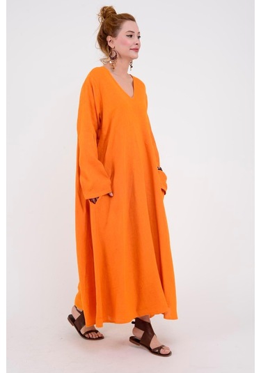 İtalyan V Yaka Uzun Kol Keten Elbise-8907 Oranj