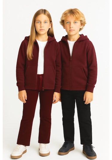 Kız - Erkek Çocuk Basic Fermuarlı Kalın 3 İplik Kışlık Okul Sweat Ak1815 Bordo