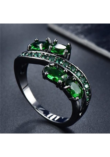 Zarif Oval Kesim Mavi Cz Taş Alyans Siyah Altın Takı Hediye Boyutu 5-11 6 Yeşil