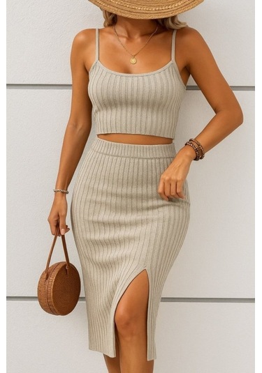Sensuelle Kadın Kolsuz Askılı Crop Yırtmaçlı Midi Etek Fitilli Kaşkorse Takım Bej