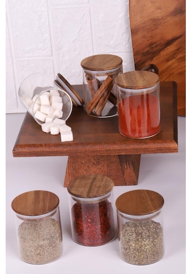 Akasya Kapaklı Borosilikat Cam Baharatlık Saklama Kavanozu 200 Ml 6'lı Ahşap - Şeffaf