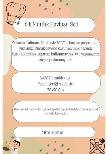 6'lı Mutfak Havlusu Seti 30x50 Cm %100 Pamuk Doku Yumuşak Clara