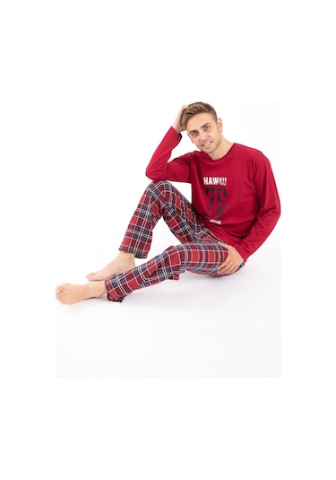 Tampap 2170 Baskılı Uzun Kol Erkek Pijama Takımı Bordo