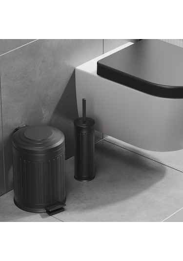 Aqua Bagno Midas Klozet Fırçası + Çöp Kovası 5 Lt -2 Parça Set, Mat Siyah Siyah