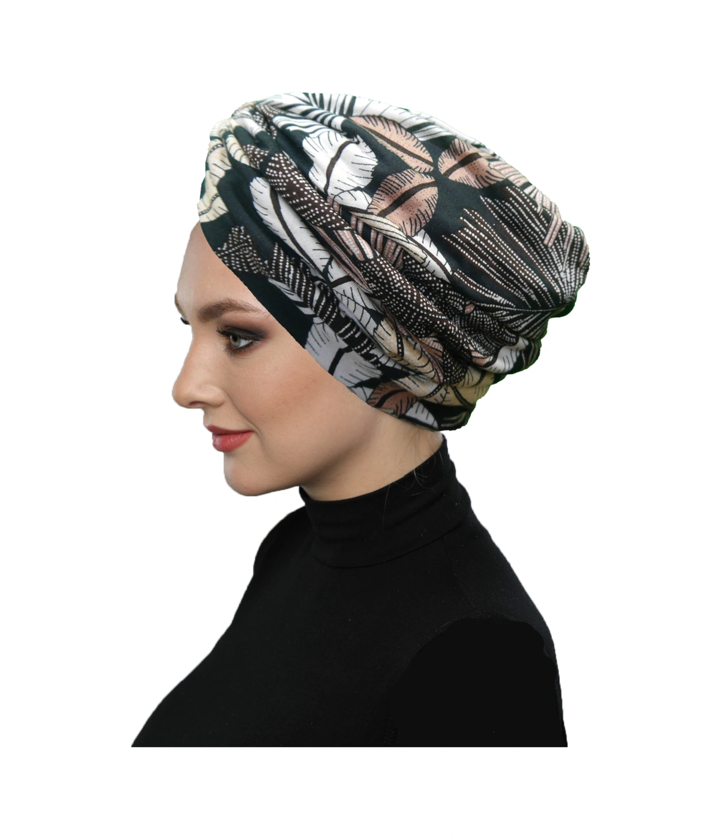 Sonbahar Esintisi Desenli Çapraz Ve Bant Detaylı Astarlı Hazır Türban Tesettür Havuz Bonesi Siyah-bej