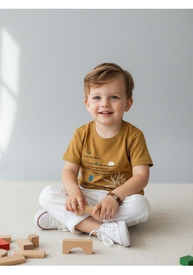Zekids Erkek Bebek Pamuklu Baskılı T-shirt-16931 Sarı