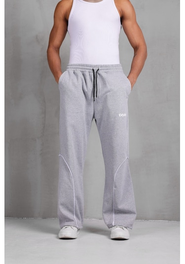 Dark Moda Erkek Oval Şeritli Baskılı Yazlık Baggy Eşofman Gri