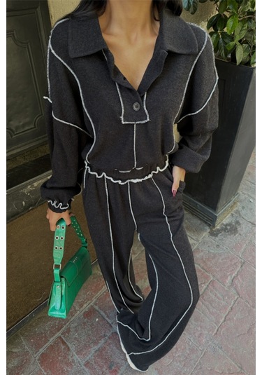 The İstanbul Biyeli Bluz Pantolon Takım Şönil Kumaş - Siyah Siyah