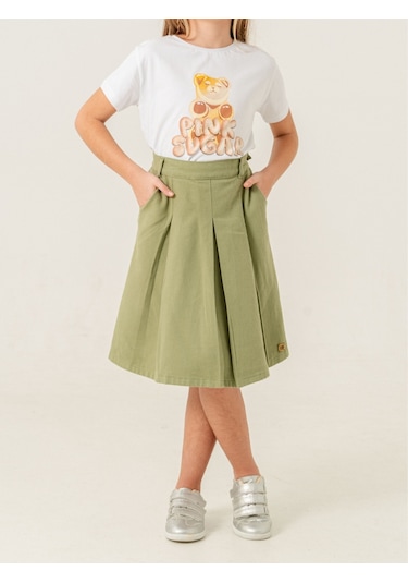 Kız Çocuk Gabardin Pileli Keten Etek 2958 Yeşil