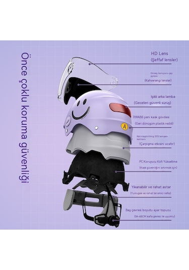 Yy SQ668 Kulak Muhafızları Çift Ayna Kuyruk Işık Açık Motosiklet Kaskı Mor