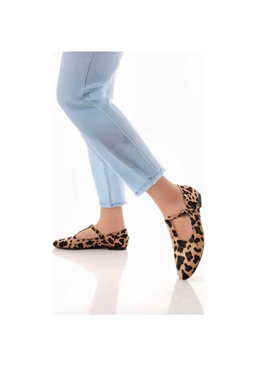 Siyah Süet T-strap Mary Jane Tasarım Babet LEOPAR