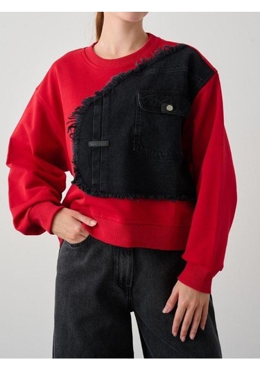 Kız Çocuk Mevsimlik Önü Denim Garni Cepli 3 İplik Sweatshirt-14773 Kırmızı