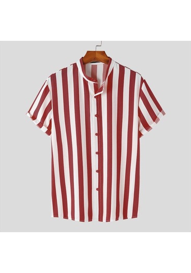 Kırmızı İncerun S-xxxxxl Yaz Erkek Kısa Kollu Çizgili Gömlek Casual Gevşek Üstler Basic Camisa T-shirt Kırmızı