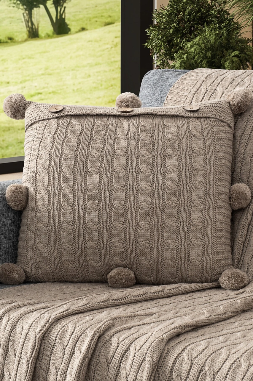 Ponponlu Triko Örme Kırlent Kılıfı - 40x40 Cm Kare Yastık Kılıfı Bej Lacivert