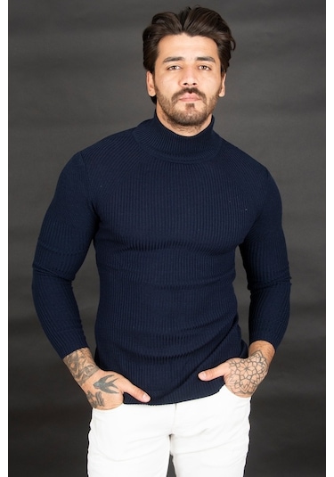 Deepsea Erkek Lacivert Balıkçı Yaka Örme Kazak 2100015 Lacivert