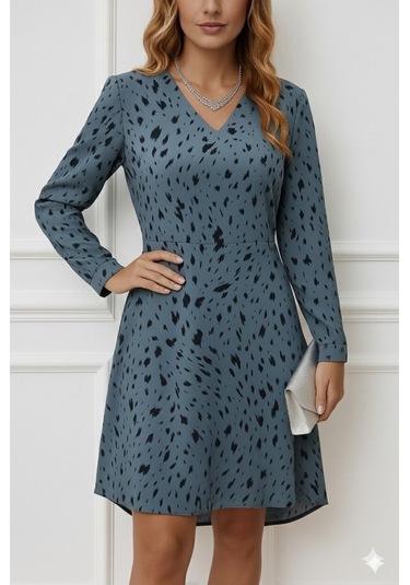 Tua Moda Kadın Uzun Kollu V Yakalı Desenli Kısa Keten Elbise Gri