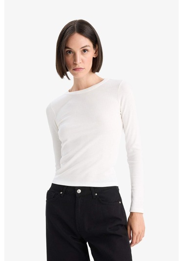 Defacto Slim Fit Dar Kesim Basic Düz Fitilli Kaşkorse Uzun Kollu Tişört E5767ax25auer105 Ekru
