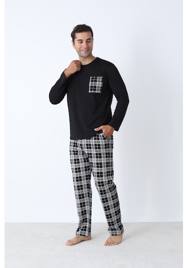 Arcan Erkek Pijama Takımı Uzun Kol Ekose Pamuklu Siyah