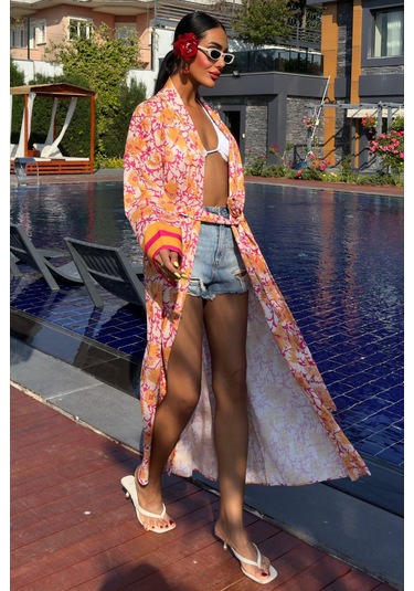 Kadın Multi Desenli Kruvaze Keten Kimono Çok Renkli