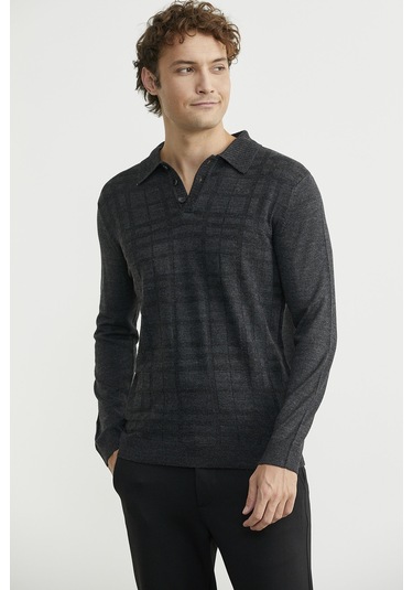 Polo Yaka Ekose Motifli Triko Kazak - Antrasit Antrasit