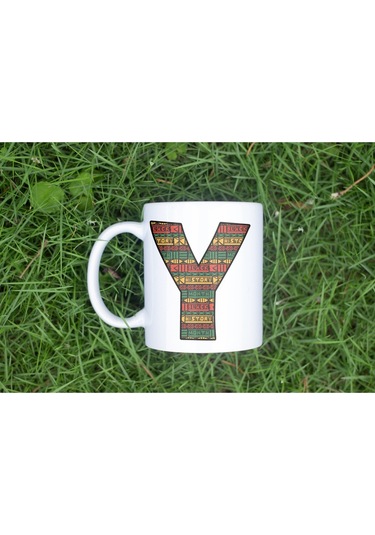 Y Harfi Etnik Desenli Kupa - Afrika Tarzı Kahve Çay Kupası - Hediyelik - Black History Beyaz