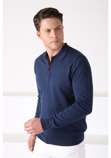 Ferraro Lacivert Polo Yaka Fermuarlı Erkek Pamuk Kazak Lacivert
