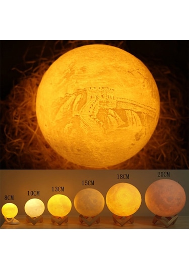 Sones Özelleştirilmiş Dokunmatik Anahtar 2 Renkli 3d Baskı Ay Lambası Usb Şarjı Ahşap Tutucu Tabanlı Enerji Tasarruflu Led Gece Lambası, Çap: 18cm Çok Renkli