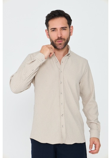 White Stone Krem Rengi Çizgili Dynamic Fit Erkek Uzun Kollu Gömlek