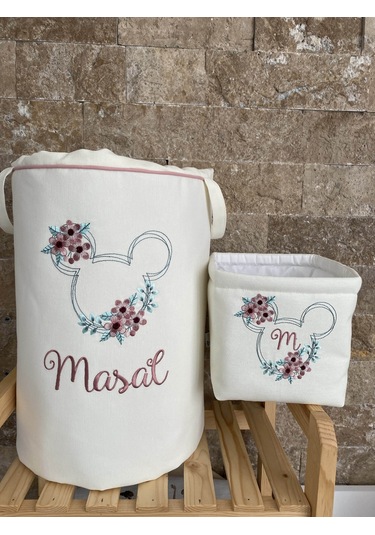 HS Hometex Minnie Mouse Nakışlı Bez Kirli & Oyuncak Sepet Seti