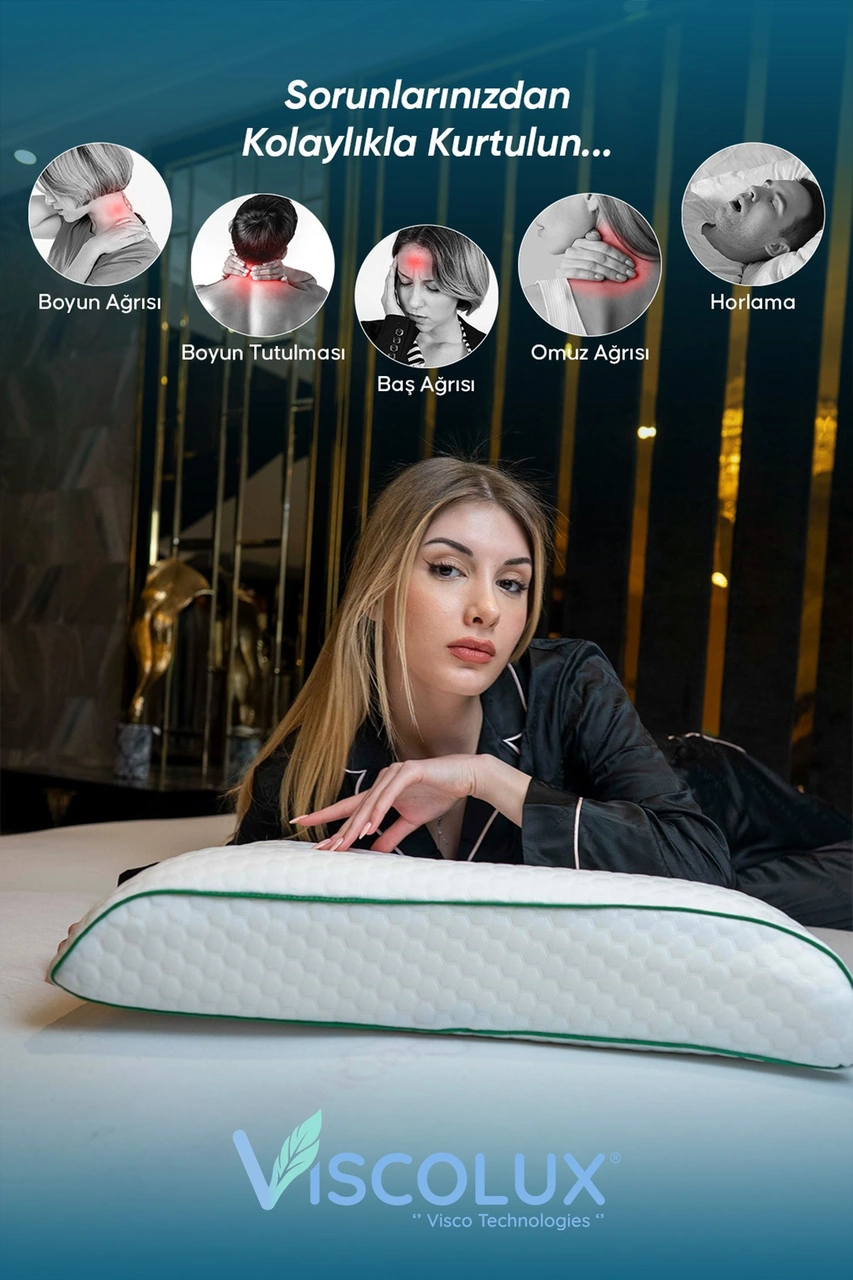 Bombeli Lüx Boyun Destekli Ortopedik Yastık Anti-aging Visco Yastık 57x42x13/11 Yeşil