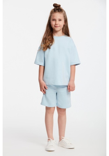 Calı Kız Çocuk Bisiklet Yaka Mavi Eşofman Takımı