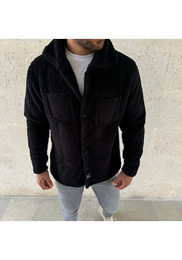 Erkek Pelüş Polar Hırka Gömlek Yakalı, İlik Düğmeli, Göğüs Cepli, Yumuşak Dokulu Kışlık Regular Fi Siyah