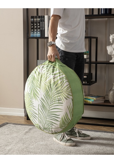 Yeşil Bitki Ve Palmiye Desenli Puf Minderi, 60x60 Cm, Balkon Ve T