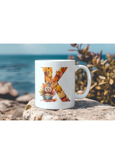 K Harf Sonbahar Yaprak Temalı Kupa Bardak - Sevimli Figürler İle Alfabe Harfli Bardak - Kişiye Özel Beyaz