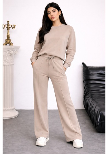 Balenbi Oversize Bisiklet Yaka Basic Modal Kadın Takım 1206 - Form Serisi Bej